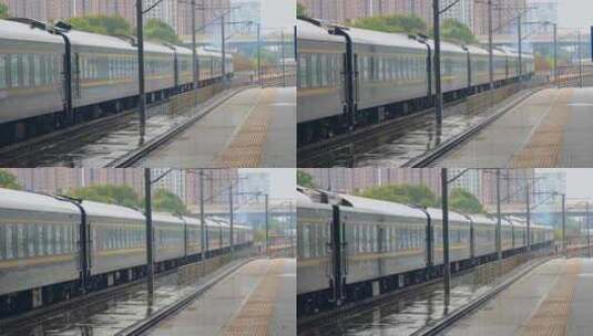 吉林省吉林站出站的绿皮火车老式火车高清在线视频素材下载