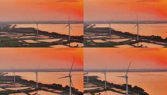 航拍高邮湖边风力发电夕阳晚霞堤岸鱼塘飞鸟高清在线视频素材下载