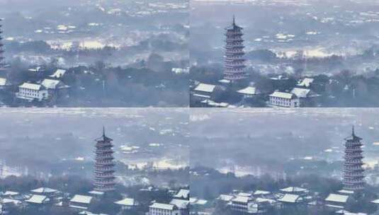 航拍瘦西湖风景区大明寺栖灵塔观音山雪景高清在线视频素材下载