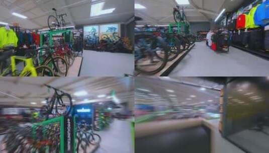 自行车商店户外骑行商店FPV无人机航拍高清在线视频素材下载