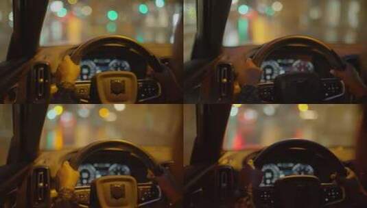 城市夜晚灯光下开车第一视角高清在线视频素材下载