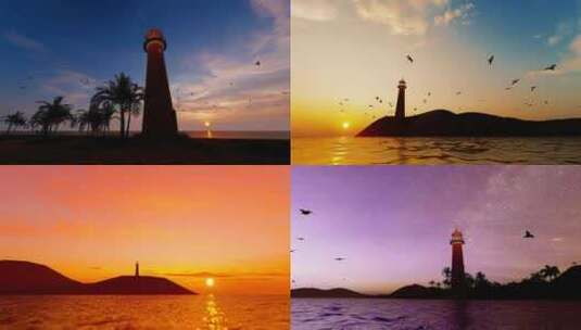 黄昏海滩边夕阳照耀下的灯塔延时高清在线视频素材下载