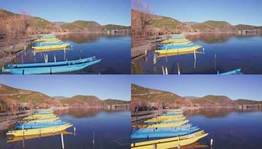 云南泸沽湖里格半岛里格村猪槽船游船航拍高清在线视频素材下载