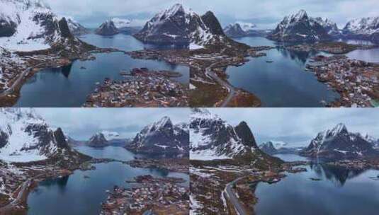 4K航拍挪威罗弗敦群岛城镇自然风光高清在线视频素材下载