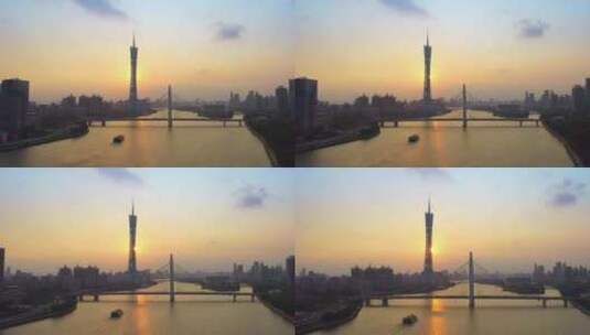 夕阳中的广州塔落日航拍高清在线视频素材下载