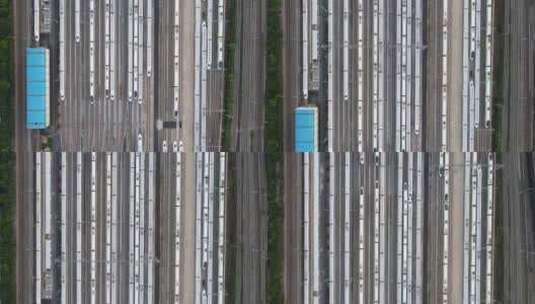 航拍城市交通出行轨道上整齐停放的高铁列车高清在线视频素材下载