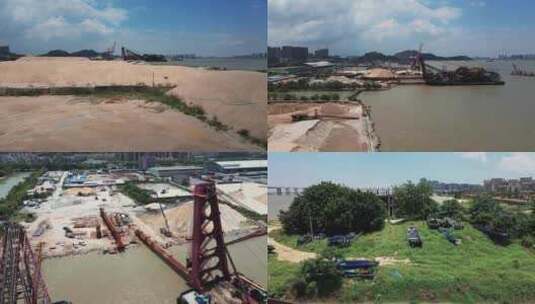航拍广州南沙区珠江边的洗砂场高清在线视频素材下载