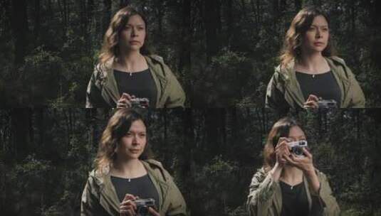 一个女人在树林里拍照的慢镜头高清在线视频素材下载