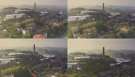 废弃工厂烟囱清晨航拍高清在线视频素材下载
