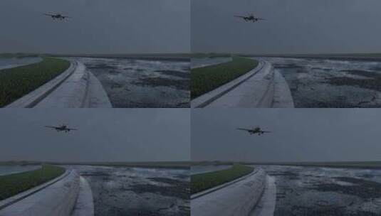 雨天客机降落的镜头高清在线视频素材下载