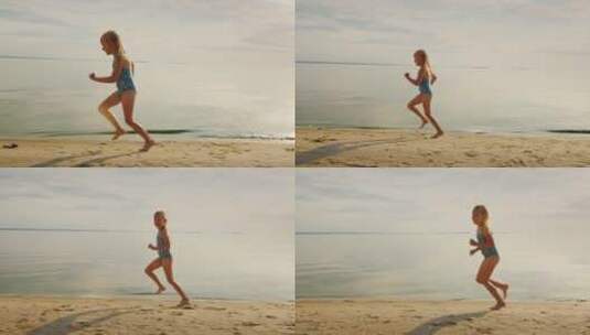 小女孩在海边奔跑高清在线视频素材下载