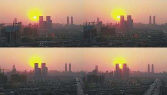 航拍夕阳下杭州萧山机场城市大道高架高清在线视频素材下载