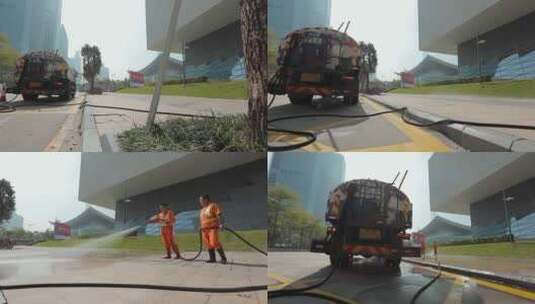 深圳音乐厅旁抽水车洗地的环卫工高清在线视频素材下载