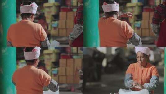 云南德宏芒市街头卖麦芽糖的傣族妇女高清在线视频素材下载