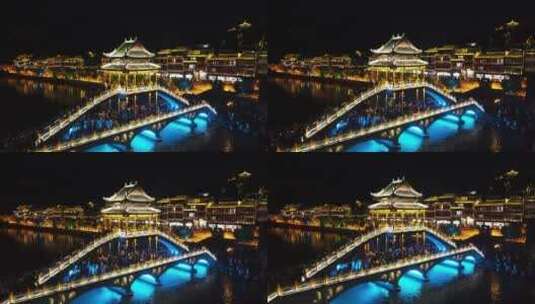 湖南湘西凤凰古城夜景灯光航拍高清在线视频素材下载