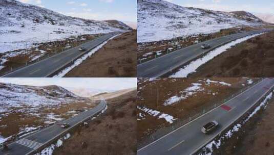 白雪覆盖的山坡下车辆在高原的山路行驶高清在线视频素材下载