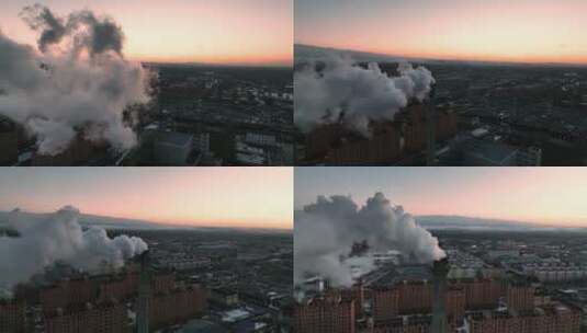 城市发电厂烟囱冒烟高清在线视频素材下载
