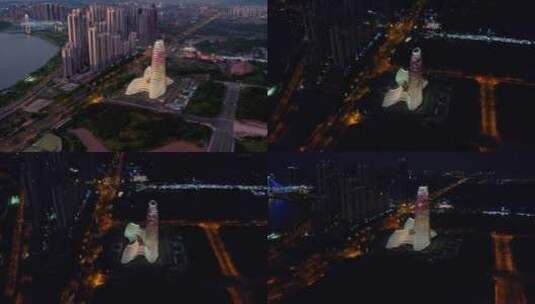 4K南宁航拍广西新媒体中心夜景城市地标建筑高清在线视频素材下载