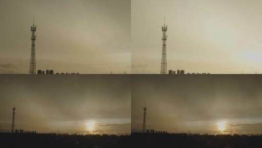 黄昏中的信号塔城市大景高清在线视频素材下载