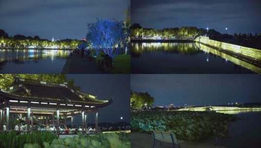 杭州西湖断桥景点夜景4K视频合集高清在线视频素材下载