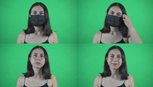 年轻女子摘下黑色口罩高清在线视频素材下载