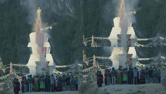藏族群众在桑炉白塔内烧艾草煨桑经幡高清在线视频素材下载
