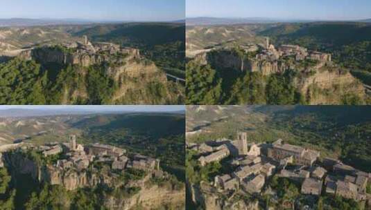 建在悬崖上的经典意大利村庄鸟瞰图。Civita di Bagnorego高清在线视频素材下载