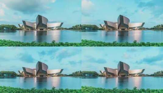 广州番禺大学城广东科学中心现代建筑与湖泊高清在线视频素材下载