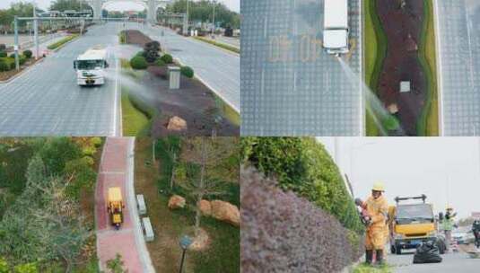 城市绿化生态环境保护环卫车洒水车扫地车高清在线视频素材下载