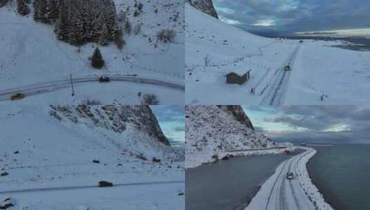 挪威罗弗敦群岛北极圈雷纳冬季雪景高空航拍高清在线视频素材下载