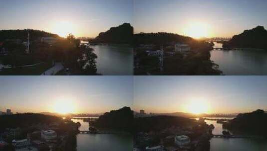 夕阳下的肇庆星湖七星山航拍高清在线视频素材下载