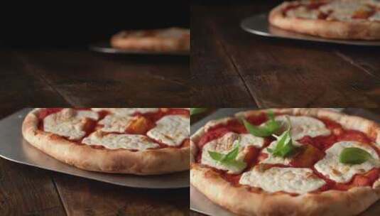 披萨，意大利菜，罗勒，马苏里拉奶酪高清在线视频素材下载