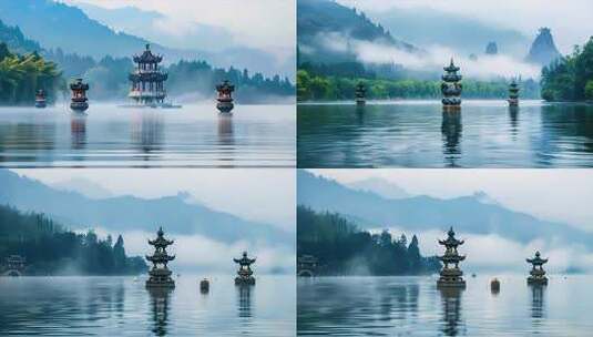 中国风湖面 神秘仙界 杭州西湖 三潭印月高清在线视频素材下载