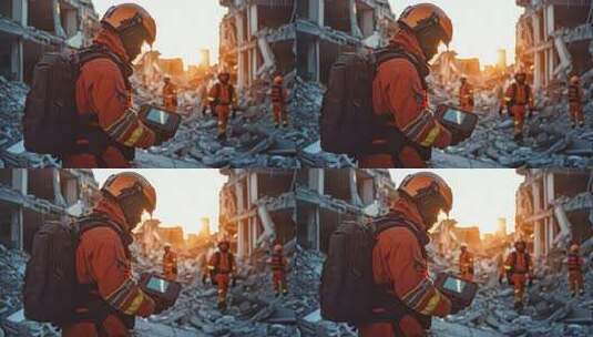 救援人员废墟中使用探测设备高清在线视频素材下载