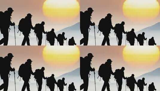 登山者在山间徒步的剪影画面高清在线视频素材下载