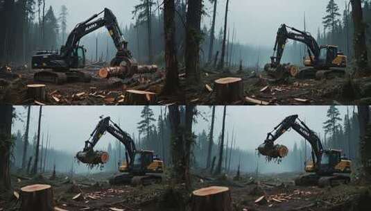 森林中挖掘机搬运木材场景高清在线视频素材下载