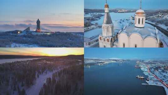北极圈摩尔曼斯克纪念碑雪景港口日出4K高清在线视频素材下载