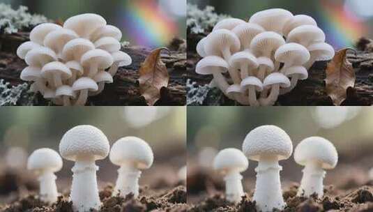 木头上生长的白色蘑菇特写高清在线视频素材下载