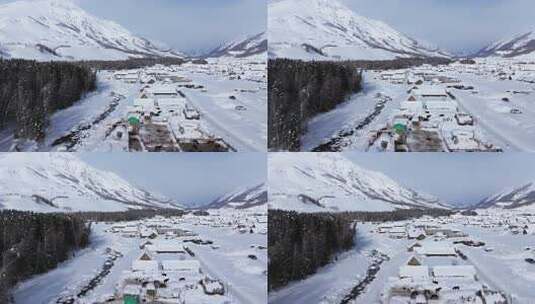 航拍新疆禾木雪景森林雪地小木屋禾木桥雪山高清在线视频素材下载