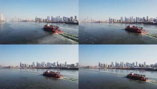 冬季海河冰面游船城市旅游风光高清在线视频素材下载