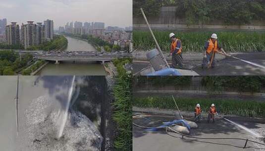 城市河上桥梁及两岸建筑全景高清在线视频素材下载