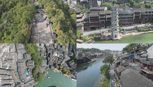 水边的古风建筑及特色塔楼全景高清在线视频素材下载