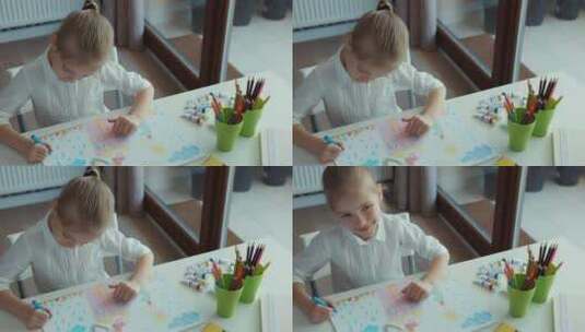 儿童在课桌上画画高清在线视频素材下载