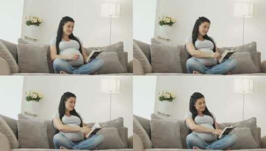 孕妇坐在沙发上看书高清在线视频素材下载