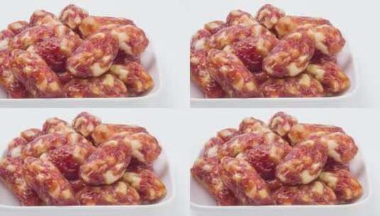 美食香肠腊肠珍珠枣肠食材4k平移镜头高清在线视频素材下载