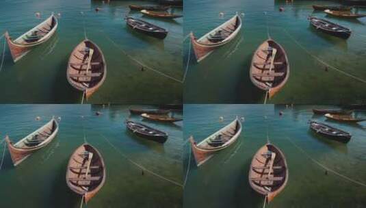 几艘木船停泊在海上的宁静景观高清在线视频素材下载