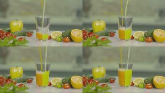 分屏玻璃杯倒饮料倒水果汁青菜汁夏日清爽味高清在线视频素材下载