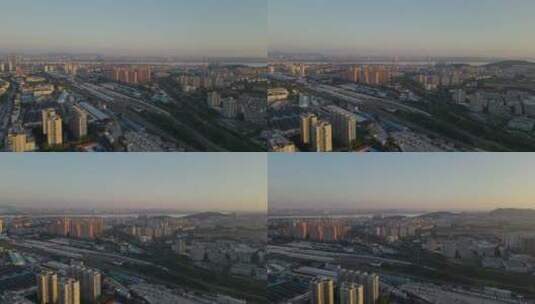 航拍日出金色阳光下的南京城市风光高清在线视频素材下载