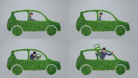 青年男人驾驶绿色环保汽车出行高清在线视频素材下载