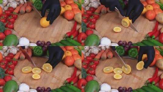 男子用水果刀切蔬菜水果准备做沙拉高清在线视频素材下载
